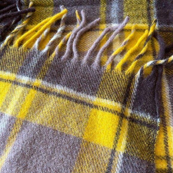 Faribo Fluff Loomed Yellow Gray Brown Wool Plaid Checkered Fringe Blanket Throw - Picture 10 of 11